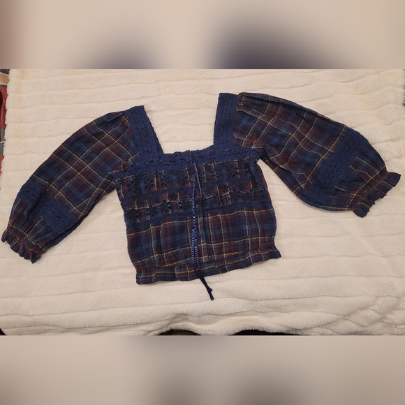 American Eagle Puffed Sleeves Crop Plaid Top | Size XS | Purple & Blue | NWOT - Picture 7 of 7